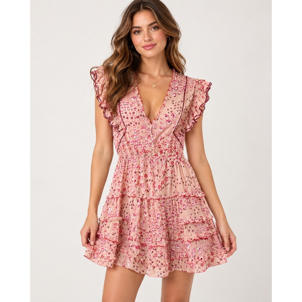 Poupette St Barth Mini Dress Womens M Pink Floral Ruffle Tiered V-Neck Boho